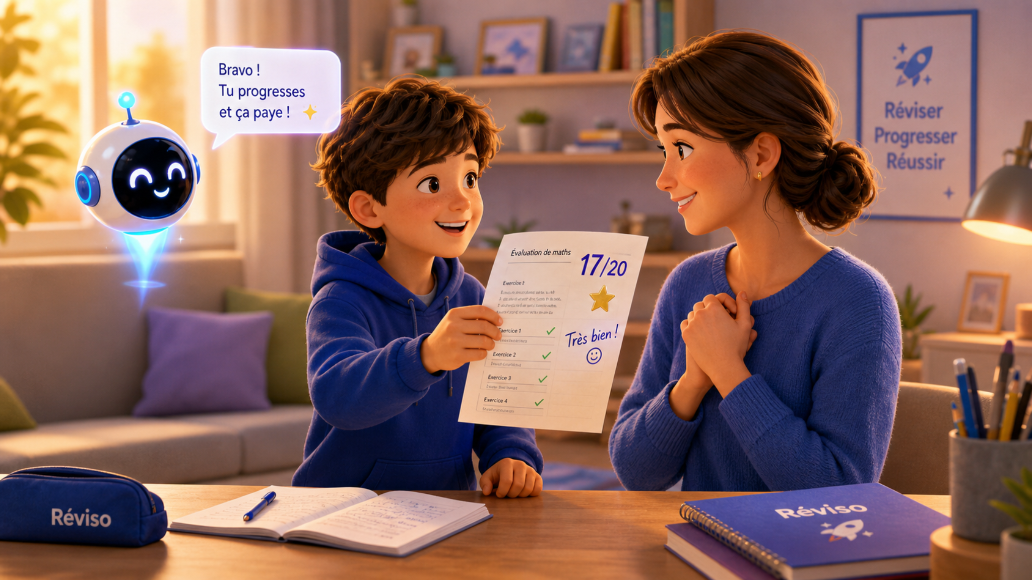Enfant montrant une bonne note à sa mère