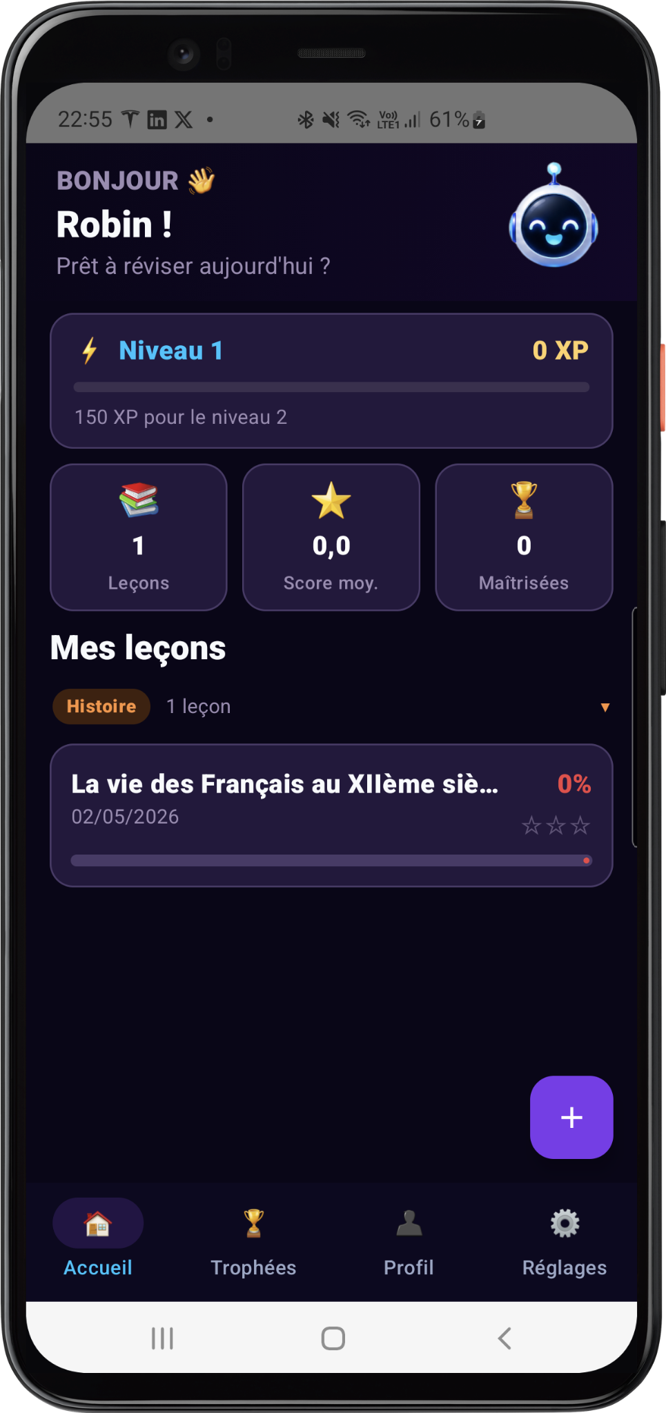 Écran d'accueil avec progression, niveaux et leçons